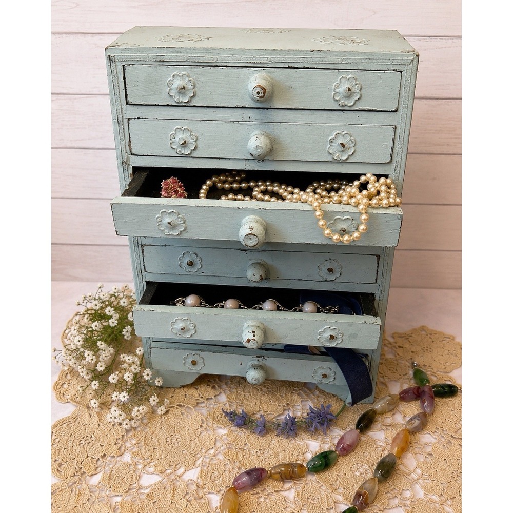 Pier 1 French Cottage Jewelry Chest Duck Egg Blue 8 Drawers Apothecary Cabinet